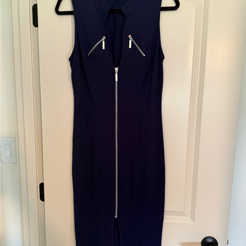 VENUS Navy Midi Dress with Front Zipper